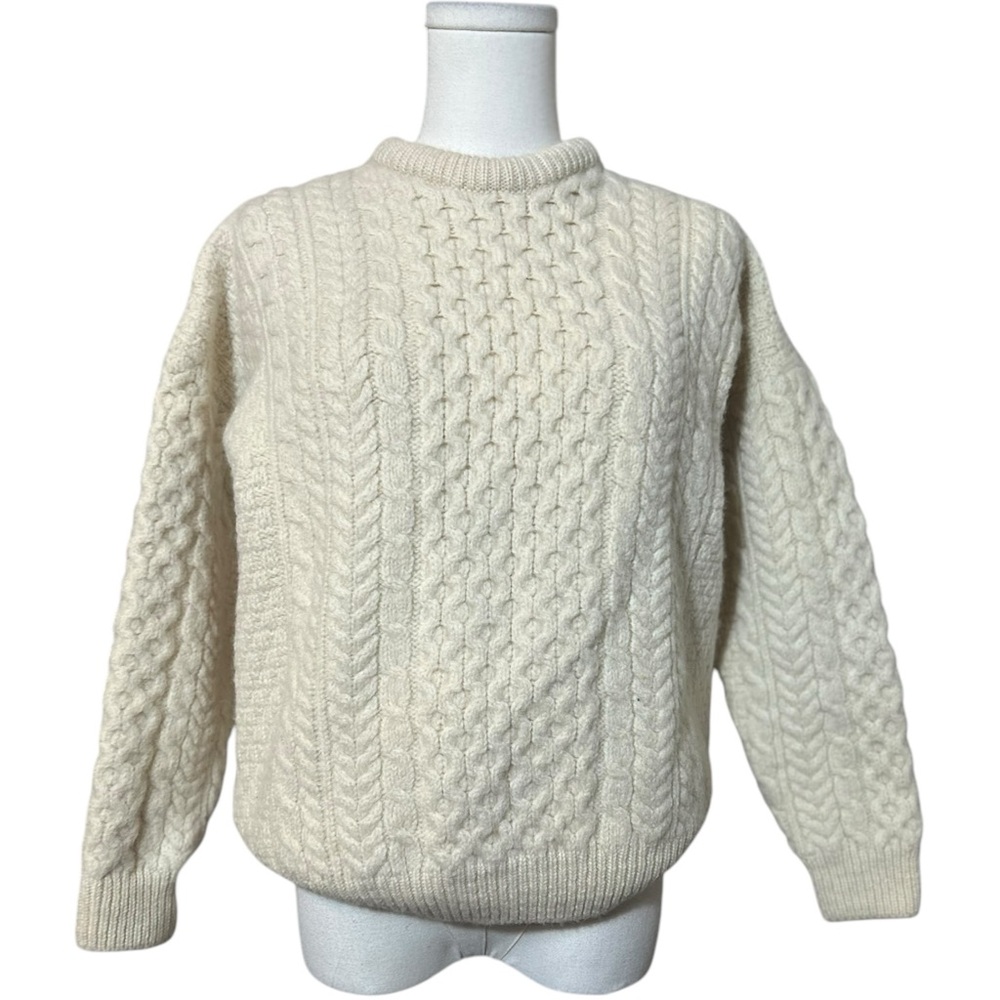 100% Wool Chunky Knit Vintage Fisherman Sweater - Made in Ireland - Cream- M 47